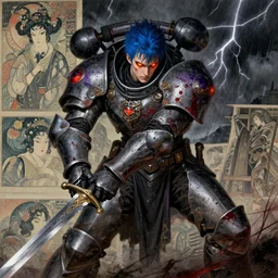 composition of gothic and futuristic young man, warhammer, cyber armor, activity with fight on swords, blood, scars, thunderstorm, blue head, fire eyes, some red and purple, the middle ages, highly detailed, artstation, in the style of moebius, jugendstil and classic japanese print, art by rene magritte