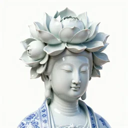 shiny, glazed, ming dynasty patterned, porcelain head of a woman, 3 d octane render, high resolution, fine details, the head is covered in giant 3 d white, detailed lotus flowers, by daniel arsham and james jean on a white background