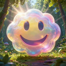 fantastical vibrant bulbous weird!!!!!!!!!!! semitransparent smiley face emoji shaped cloud ball with holes for eyes and mouth, in a nature scene by marc adamus, high definition, rays of light breaking behind the smiley face, cheerful, rave art