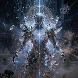 celestial god, technology and magick, circuitry and sigils combined, photorealistic, royo, frazetta, leds, dust, laser light, crystalline shimmers, chaos, complexity, emergence,