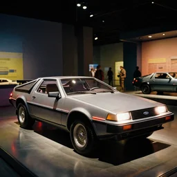 cyberpunk 1 9 0 8 model ford t, volumetric lighting, in a museum, museum exhibit, museum lighting, 9 0 s film photo