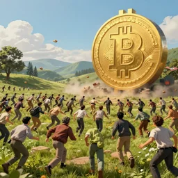 landscape of crowd running away scared from a giant with bitcoin face, artstation, highly detailed, hyper-realistic, 8k