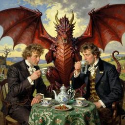 british dragons drinking tea and gin, norman rockwell, thomas kinkade, greg rutkowski, artgerm