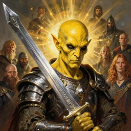 ( ( ( head and shoulders portrait of a gaunt noseless yellow - skinned bald githyanki warrior in a breastplate, wielding a magical silver greatsword ) ) ), greg rutkowski, frank frazetta, alexandre chaudret, boris vallejo, michael whelan, miro petrov, hr giger, magali villeneuve, donato giancola, d & d, fantasy, medieval