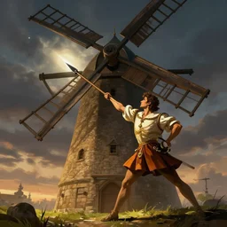 dom quixote fighting a giant windmill, big spear, digital art, artstation, dramatic lighting