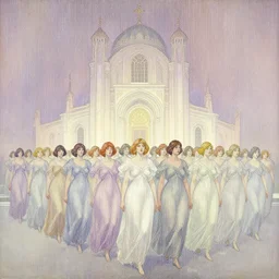 procession of women in a soviet temple, dripping watercolor by gottfried helnwein, by hammershøi, highly detailed, art nouveau wallpaper, lights by edward hopper, liminal, eerie, pastel colors, limited palette