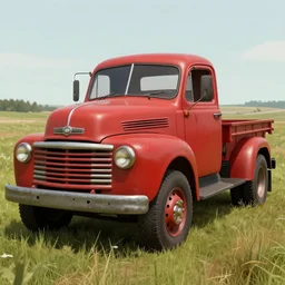 an old red truck parked in a field, a detailed matte painting by senior environment artist, featured on zbrush central, photorealism, artstation hd, hard surface modeling, unreal engine 5