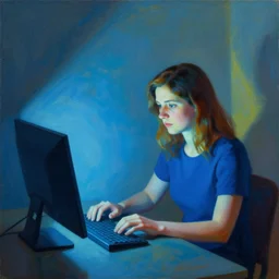 colourful portrait of lonely woman on her computer, blue light and arms coming from computer, by edward hopper and jeffrey smart