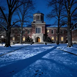 University of Michigan campus on a Winter night by Rene Magritte. Long surreal shadows. Blue.