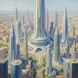 futuristic city, illustration painting, oil on canvas, intricate, hd, digital art, overdetailed art, complementing colors, detailed, illustration painting by alex gray, digital art, moebius