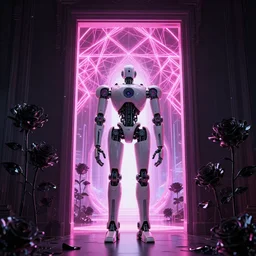 beautiful tall robot facing a doorway opening with neon pink geometric fractal light + roses made of black glass + a portal to a vaporwave world, transcendent, clean linework, dramatic, finely detailed, 4 k, trending on artstation, photorealistic, volumetric lighting, octane render
