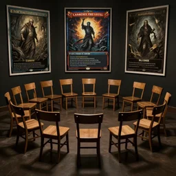 an ominous circle of chairs, poster art, atmospheric, concept art, in the style of magic the gathering, dramatic lighting, plain wooden chairs