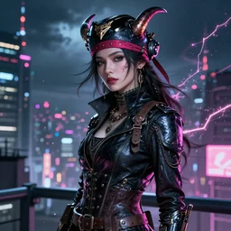 portrait futuristic demonic cyberpunk female pirate, in futuristic stormy electric flashing tokyo rooftop cyberpunk night, ssci-fi, fantasy, intricate, very very beautiful, elegant, neon light, highly detailed, digital painting, artstation, concept art, soft light, hdri, smooth, sharp focus, illustration, art by tian zi and craig mullins and WLOP and alphonse mucha