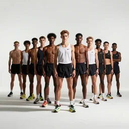 High Fashion Tones, Studio Photograph of starting line of many diverse marathon runners. multiple skintones. Frontal. Sports Advertising Campaign. Wide shot. Fashion Studio lighting. White background.