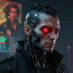 head and shoulders render of man black_jacket close up cyberpunk face ((single_eye _glowing_red_eye red_emissives!)) android face mecha, inhuman creepy intimidating, exposed cables-bundle-black-thick Tom Bagshaw and Greg Rutkowski and Alphonse Mucha Bladerunner 2049 screenshot artstation UE5 Cyberpunk 2077 character trending 165mm