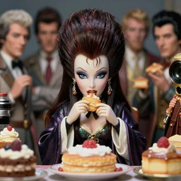 closeup portrait of tin toy tin toy elvira eating cakes, depth of field, zeiss lens, detailed, symmetrical, centered, fashion photoshoot, by nicoletta ceccoli, mark ryden, lostfish, earl nore, hyung tae, frank frazetta, breathtaking, 8 k resolution, extremely detailed, beautiful, establishing shot, artistic, hyperrealistic, octane render