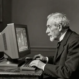 old man staring at a highly advanced computer , old photo , 1824 , HD , 4k