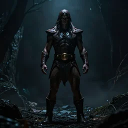 He-Man with a dark manner, centered full body character pose, atmospheric, dark and mysterious, shadowy and eerie character, ominous, cinematic, Epic, 4k, ultra detailed, ultra realistic, colored
