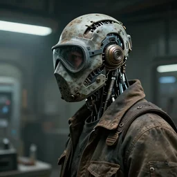 a half - masked rugged laboratory engineer man with cybernetic enhancements as seen from a distance, scifi character portrait by greg rutkowski, esuthio, craig mullins, 1 / 4 headshot, cinematic lighting, dystopian scifi gear, gritty, profile picture, mechanical, cyborg, half robot, implants, dieselpunk