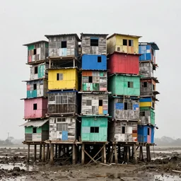 colourful vertically densely stacked makeshift squatter shacks, suspended over a quagmire, plain uniform sky at the back, misty, mamiya, ultra sharp, very detailed, photographed by alejandro jodorowsky