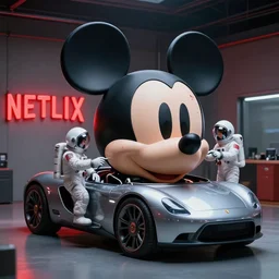 futuristic car mechanics wearing astronaut helmets operating on a huge mickey mouse doll head that has a bloody cheek wound! red netflix neon office sign in background, beeple!!, minimal, movie still in in private car garage, dystopian