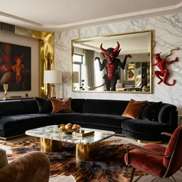 mid century modern american life style living room interior by kelly wearstler, marble, black velvet, brass, mirror, glare, reflexes, animal skins, art, luxury, crazy, devil, hyper realism, ultra detailed