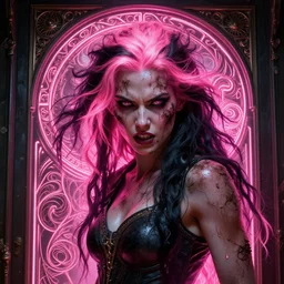 door to the soul, furious gorgeous woman, glowing pink black hair, face covered in dirt, lord of the rings ,neon, fibonacci, sweaty, insane, intricate, highly detailed, digital painting, artstation, concept art, smooth, sharp focus, illustration, Unreal Engine 5, 8K, art by artgerm and greg rutkowski and alphonse mucha