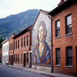 a street lined with brick buildings with a mountain in the background, a mosaic by joe stefanelli, trending on unsplash, mannerism, photo taken with ektachrome, creative commons attribution, photo taken with nikon d 7 5 0