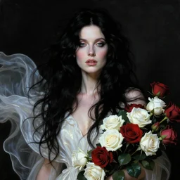 portrait of kate bush against a dark background, lush black hair, pale skin, white and red roses, flowing material, intricate, beautiful cinematic lighting, stunning painting by artgerm, caravaggio, android jones, wadim kashin