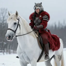 a woman wearing wolf head pauldrons and a red wolf's fur warrior outfit, she is astride a great white horse, she has hunted recently, winter scene, hyper realistic, in the style of greg rutkowski, fantasy, amazing detail,