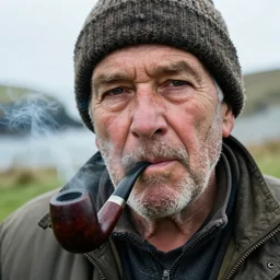 an old cornish fisherman, smoking a pipe, close up on face