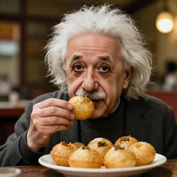 A photo of Albert Einstein eating Pani Puri, highly detailed, trending on artstation, bokeh, 90mm, f/1.4