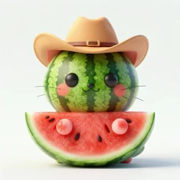 watermelon in a shape of a cat, wearing a cowboy hat