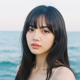 analog head and shoulders frontal face portrait photography of lalisa in ocean. zeiss 3 5 mm lens. kodak portra 8 0 0 film photography. pastel lighting. popular on instagram. depth of field. heavy film grain. realistic. detailed. hq. filmic. dreamy. lens flare. in - focus
