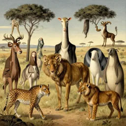 animals of the safari surreal illustration by jerico santander, heidi taillefer, mark ryden, giorgio de chirico, paul delvaux, hieranonymus bosch, alexandra gallagher, michael cheval, yves tanguy, lauren marx, jake messing, hannah yata, caitlin hacket