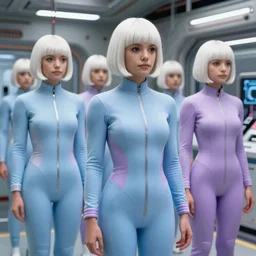 troop jack black clones with white bob hairdos, tight light blue and lavender neopren suits, futuristic cloning facility, sci - fi, highly detailed, cinematic