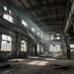 abandoned industrial factory interior, mild god rays, digital art, trending on artstation