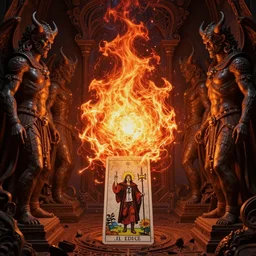 scorn, highly intricate matte painting centered painting of an infernal fire vortex, guarded by parallel demon sentinel statues, complex, tarot card, powerful, cinematic, beautifully lit, by noah bradley, josan gonzalez, felix englund, karol bak, james jean, trending on cgsociety, octane render, 8 k