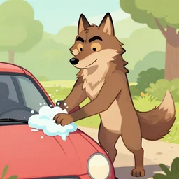 Furry, anthropomorphic wolf, male, cartoon, washing a car,