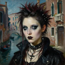 close up portrait of a punk goth girl in a cyberpunk futuristic venezia by ellen von unwerth, oil painting by canaletto hieronymus bosh leonardo da vinci piero della francesca botticelli
