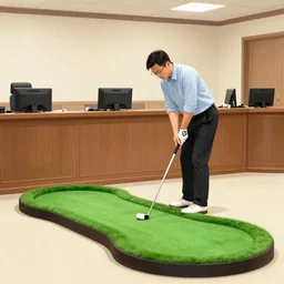 a man playing golf in a courtroom on a miniature putting green, court sketch