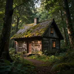 a cottage in the woods, fantasy, hyper realistic, dramatic lighting, 8k, zoom lens