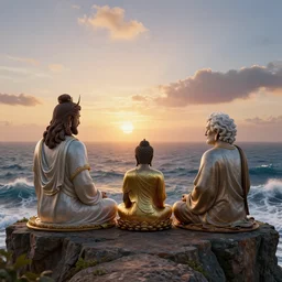 a stunning 3 d render of a jesus and buddah and fredrick nietzsche meditating on a cliff facing away from the camera watching the sunrise over the ocean, turbulent ocean in the background, intricate, elegant, highly detailed, artstation, ultra sharp focus, octane render, volumetric lighting, art by greg rutkowski and rembrandt