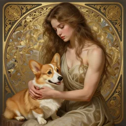 full portrait of a young, attractive woman petting a corgi dog, soft hair, muscular, half body, cloth, d & d, fantasy, intricate, elegant, highly detailed, digital painting, artstation, concept art, smooth, sharp focus, illustration, art by artgerm and greg rutkowski and alphonse mucha
