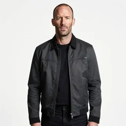 jason statham stands on a white background in a jacket with an important face, realism, detailed study, maximum detail, quality, high quality, soft light, depth of field, focus, realism, 8 k quality, classicism style,