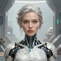 closeup portrait shot of a female biomechanic woman in a scenic scifi environment, intricate, elegant, highly detailed, centered, digital painting, artstation, concept art, smooth, sharp focus, damaged, illustration, thomas kinkade, tomasz alen kopera, peter mohrbacher, donato giancola, leyendecker, boris vallejo