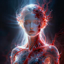 a frontal face portrait of a transparent and beautiful elegant entity made of blood and veins + dissolving into darkness + backlit + incredible lighting+ strong rim light + highly detailed + god rays + digital painting + HDRI, by Andon Hristov + Alvaro Castagnet + Dan Mumford + Peter Mohrbacher + vivid colors, high contrast, 8k resolution, intricate, photorealistic, smooth