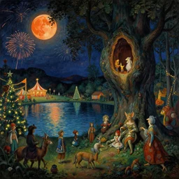 a night carnival around a magical tree cavity, with a surreal orange moonlight and fireworks in the background, next to a big lake with iridiscent water, christmas lights, folklore animals and people disguised as fantastic creatures in a magical forest by summer night, masterpiece painted by jean delville, gustave dore and marco mazzoni, art nouveau, dark night environment