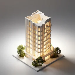 architectural model, isometric view, 3 d render, studio lighting, low contrast, brightly lit studio, highly detailed, a tall house with zig - zag plan and large windows, tree