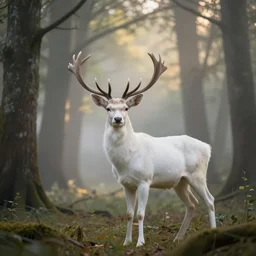 a beautiful illustration of a white deer in a forest, fantasy, morning light, epic, mist, dreamy atmosphere, cinematic shot, high definition, detailed